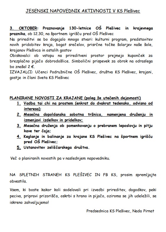 MESEČNI JESENKI NAPOVEDNIK AKTIVNOSTI OKT 2026